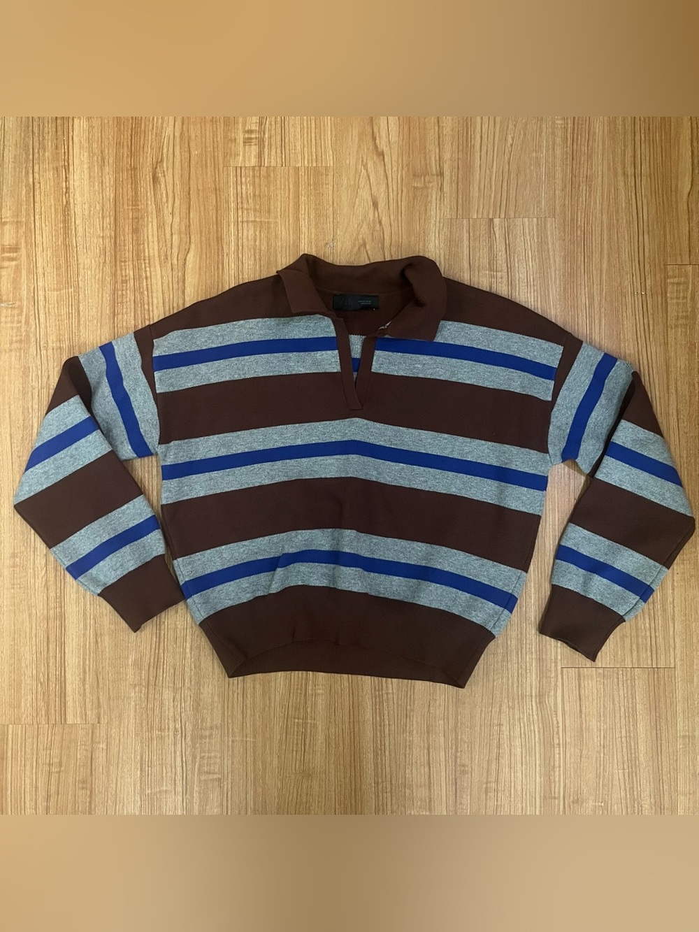 ***SOLD**Zara Brown, Gray & Blue Striped V-Neck Sweater